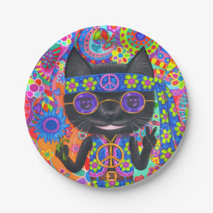 Assiettes En Carton Happy Hippie Chat Lunettes de soleil Paix Signale 
