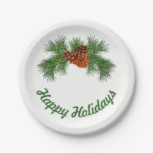 Assiettes En Carton Happy Holiday - détail pin-cône