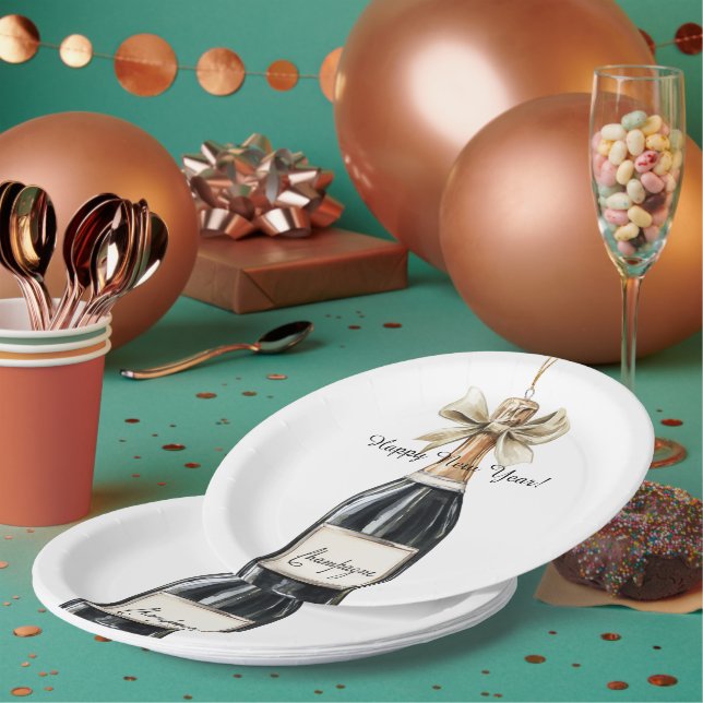 Assiettes En Carton Happy New Year Gold Black Champagne Bottle (Multi)