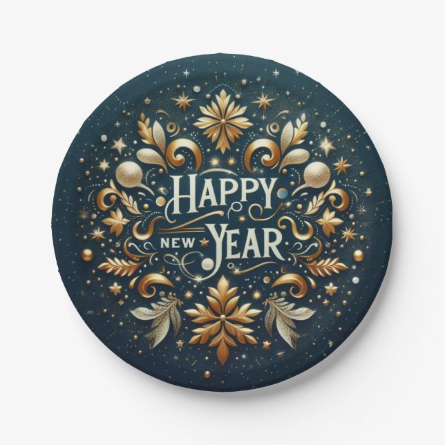Assiettes En Carton Happy New Year Gold Flourish Festive  (Devant)