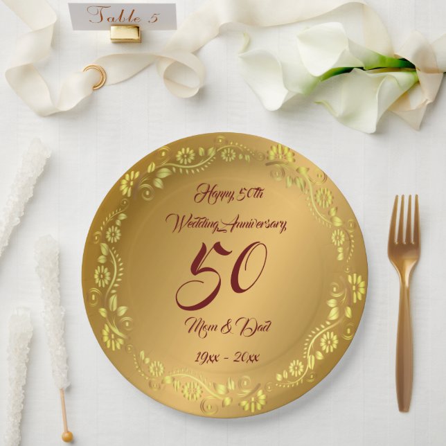 Assiettes En Carton Happy Personnaliser Gold 50e Anniversaire Plaque p (Mariage)