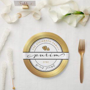 Assiettes En Carton HAPPY PURIM Script Plaque personnalisée avec or
