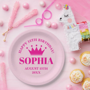 Assiettes En Carton Happy Sweet 16e Anniversaire rose princesse couron