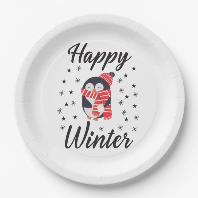 Assiettes En Carton Happy Winter, mignon Penguin (Devant)
