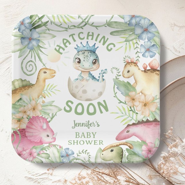 Assiettes En Carton Hatching Soon Dino Boy Dinosaur Baby Shower (Créateur téléchargé)