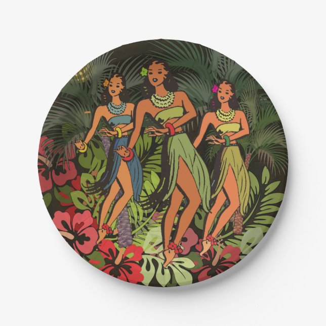 Assiettes En Carton Hawaii Aloha Palm Hula Art Design (Devant)