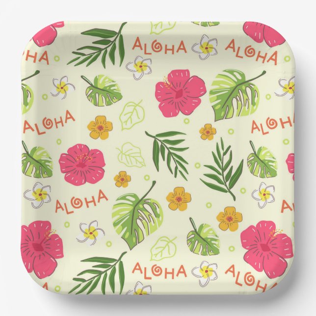 Assiettes En Carton Hawaiian Tropical Floral Aloha fête d'anniversaire (Recto)