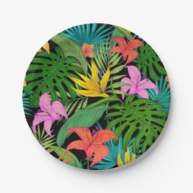 Assiettes En Carton Hawaiian Tropical Floral Palm Feuille (Devant)