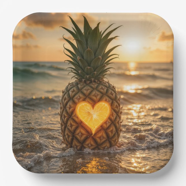 Assiettes En Carton Heart Carved In a Pineapple On a Beach (Recto)