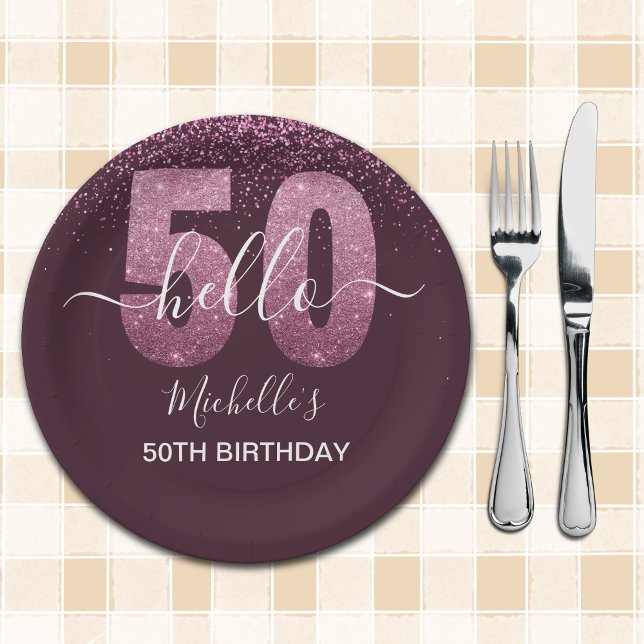 Assiettes En Carton Hello 50! -50th Women's Birthday with Pink glitter (Créateur téléchargé)
