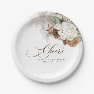 Assiettes En Carton Herbe des Pampas Marron Blanc Sage Floral Boho Che