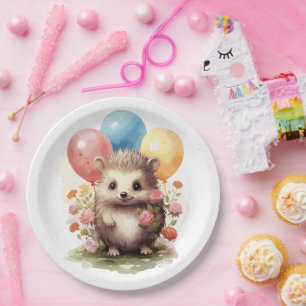Assiettes En Carton Hérisson d'aquarelle rétro mignon avec ballons