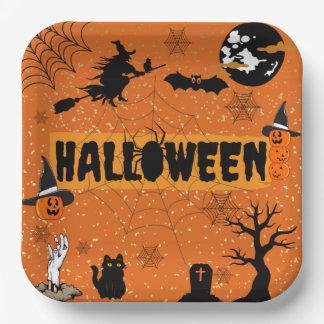 ASSIETTES EN CARTON HEUREUSES PLAQUES DE PAPIER HALLOWEEN(ORANGE)