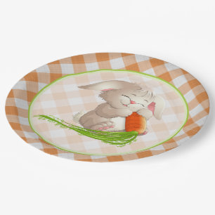 Assiettes En Carton Heureux Bunny de Pâques Orange En vichy Motif