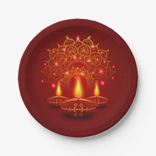 Assiettes En Carton Heureux Diwali Rouge or étincelle Mandala Diya bo