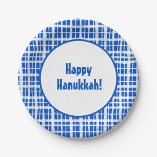 Assiettes En Carton Heureux Hanoukka ! Peint Plaid bleu et blanc