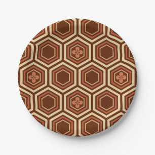 Assiettes En Carton Hexagonal Kimono Imprimer, Brown et beige