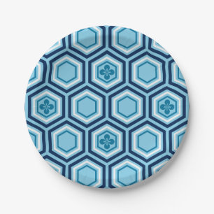Assiettes En Carton Hexagonal Kimono Imprimer, Marine et Bleu clair