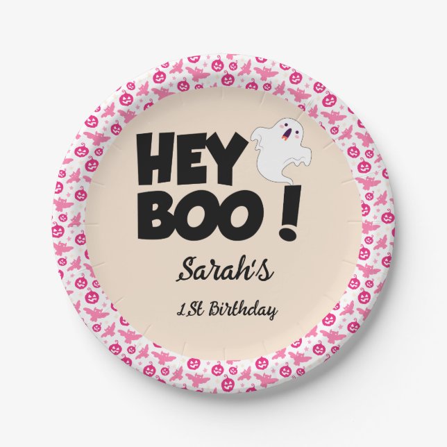 Assiettes En Carton Hey Boo Pink Halloween Ghost fête d'anniversaire (Devant)