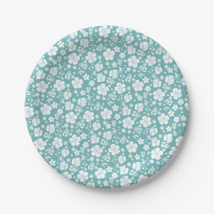 Assiettes En Carton Hibiscus blanc sur Turquoise tropical hawaïen