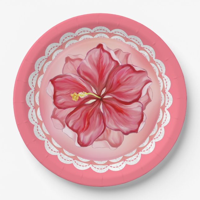 Assiettes En Carton Hibiscus & dentelle RED (Devant)