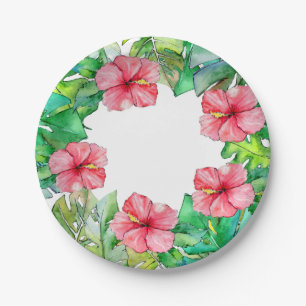 Assiettes En Carton Hibiscus Floral rose hawaïen Feuilles tropicaux