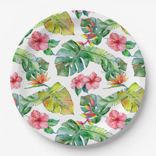 Assiettes En Carton Hibiscus Palm Feuilles Hawaï
