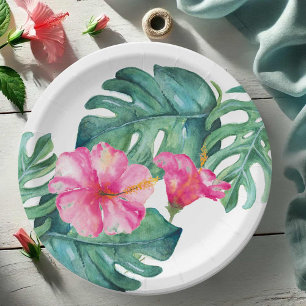 Assiettes En Carton Hibiscus rose gras Aquarelle tropicale Florale
