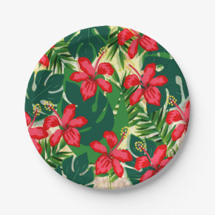Assiettes En Carton Hibiscus tropical coloré rouge et vert