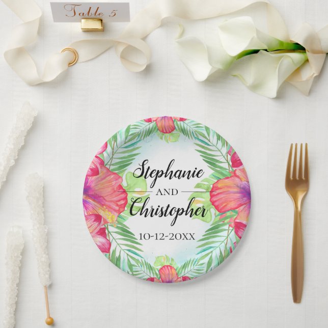 Assiettes En Carton Hibiscus tropical Fleur d'aquarelle de plage Maria (Mariage)