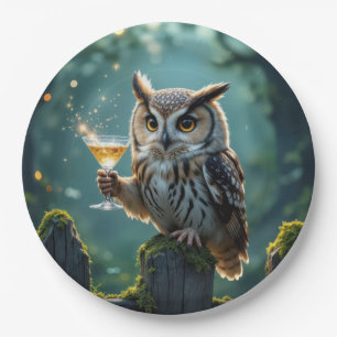 Assiettes En Carton Hibou tenant un cocktail dans une forêt mystique