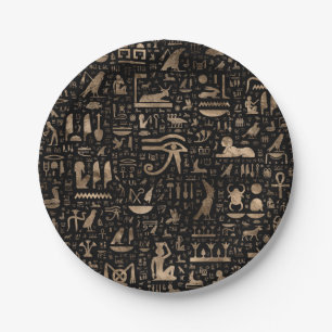 Assiettes En Carton Hiéroglyphes égyptiens antiques - noir et or