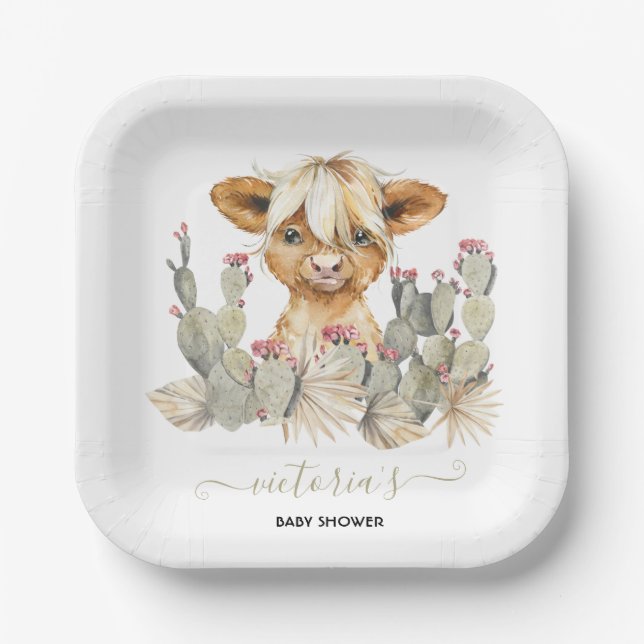 Assiettes En Carton Highland Cow Baby shower Cactus (Recto)