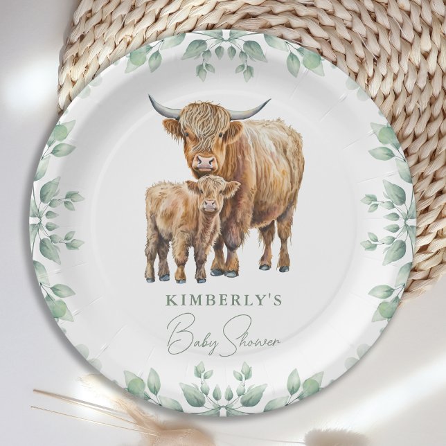 Assiettes En Carton Highland Cow Boho Végétation Baby shower animal de (Créateur téléchargé)