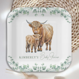 Assiettes En Carton Highland Cow Greenery Boho Farm Baby shower animal