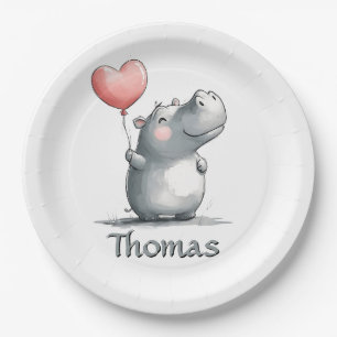 Assiettes En Carton Hippo mignon avec illustration de ballon cardiaque