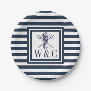 Assiettes En Carton Hippocampe nautique monogramme rayure bleu marine