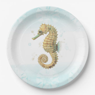 Assiettes En Carton Hippocampe sarcelle et or aquarelle plage côtière