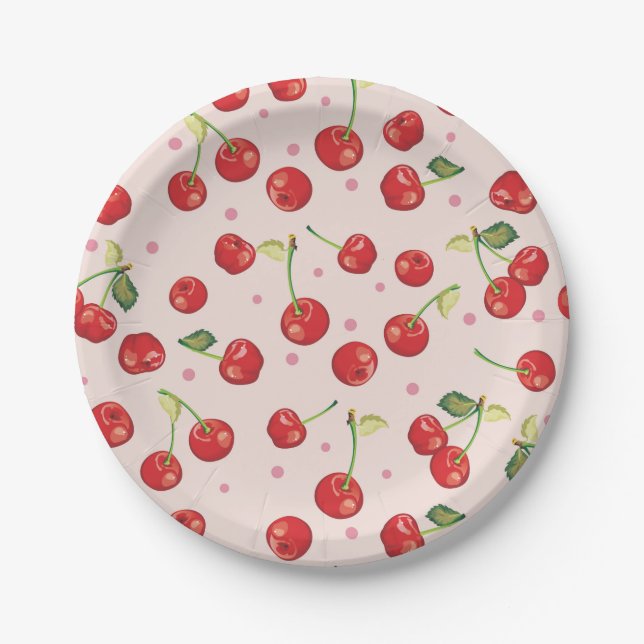 Assiettes En Carton Hipster, rétro, cerise, motif, rouge, rose, pâle,  (Devant)
