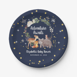 Assiettes En Carton Hiver Bois Animaux Baby shower bleu