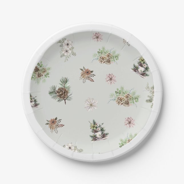 Assiettes En Carton Hiver Floral Élégant Vert Baby shower rustique (Devant)