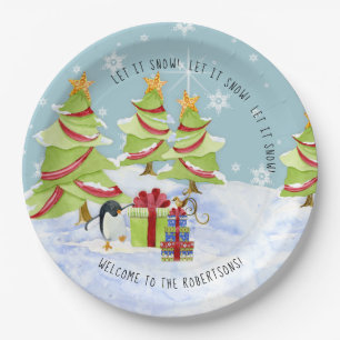 Assiettes En Carton Hiver Laisser neiger Noël Arbres Penguin Nom