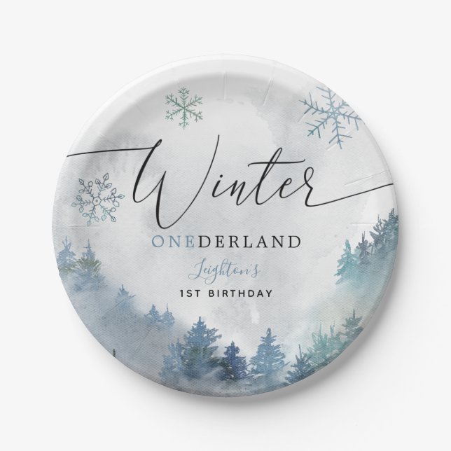 Assiettes En Carton Hiver ONE derland Blue Snowy Mountain Anniversaire (Devant)