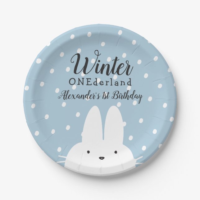 Assiettes En Carton Hiver ONE derland Garçon 1er anniversaire bleu (Devant)