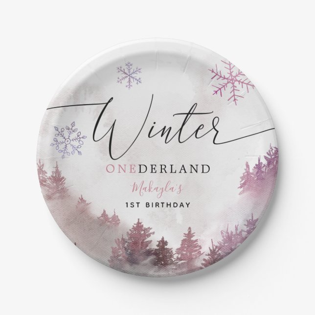 Assiettes En Carton Hiver ONE derland Pink Snowy Mountain Anniversaire (Devant)
