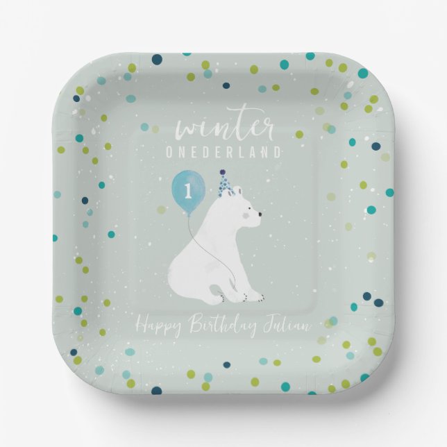 Assiettes En Carton Hiver Onederland Bleu Anniversaire Ours Polaire Ne (Recto)