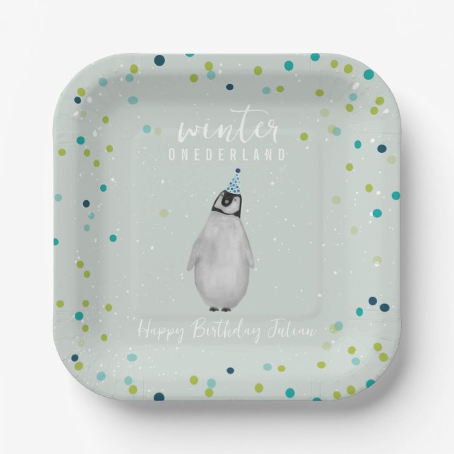 Assiettes En Carton Hiver Onederland Blue Anniversaire Penguin Confett (Recto)