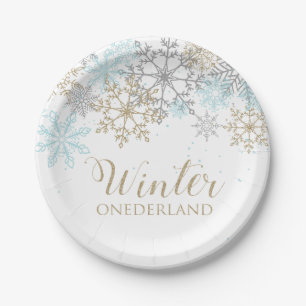 Assiettes En Carton Hiver Onederland Blue Snowflake Plaques d'annivers