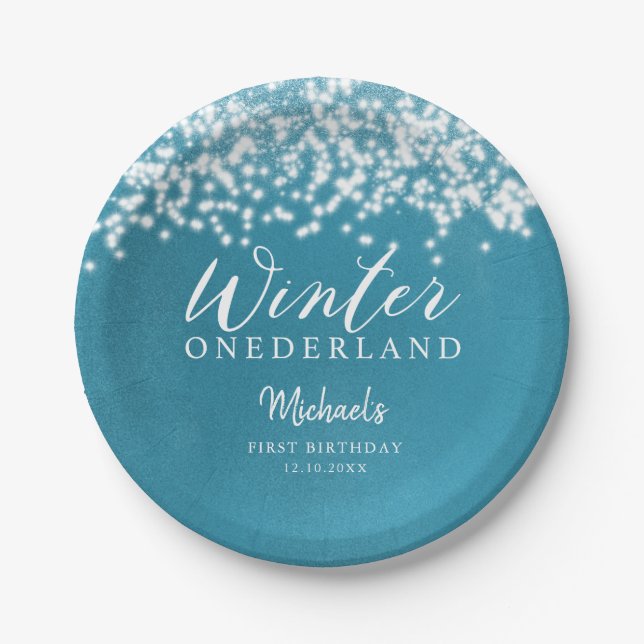 Assiettes En Carton Hiver ONEDERLAND Blue Winter Birday Party (Devant)