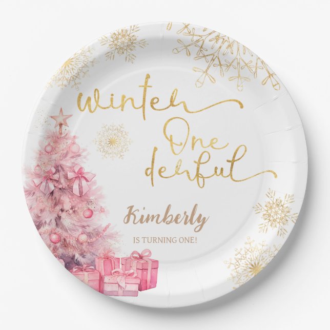 Assiettes En Carton Hiver Onederland Pink and Gold Snowflake (Devant)